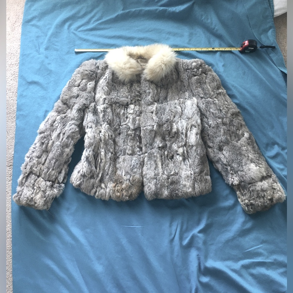 Vintage grey/white real rabbit fur coat with real fox fur collar.